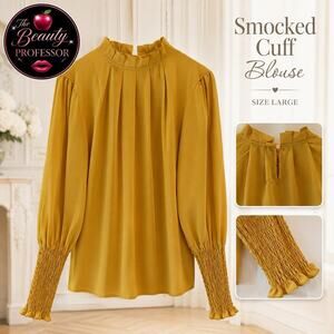 💞 Women’s Mustard Yellow Smocked Cuff High Neck Blouse Size Large Pearl Button